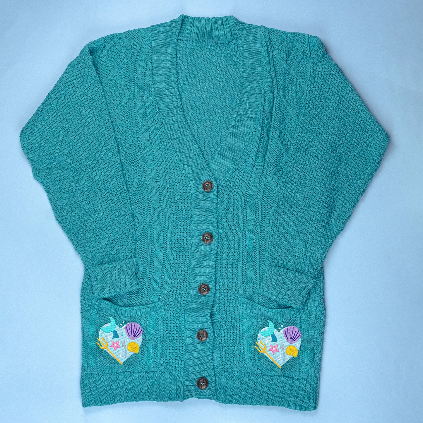 Ariel Heart Embroidered Teal Cardigan