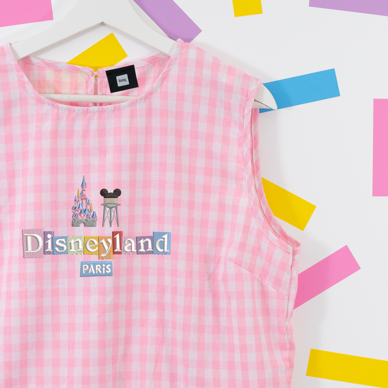DLP Gingham Embroidered Vest T-Shirt - Pink