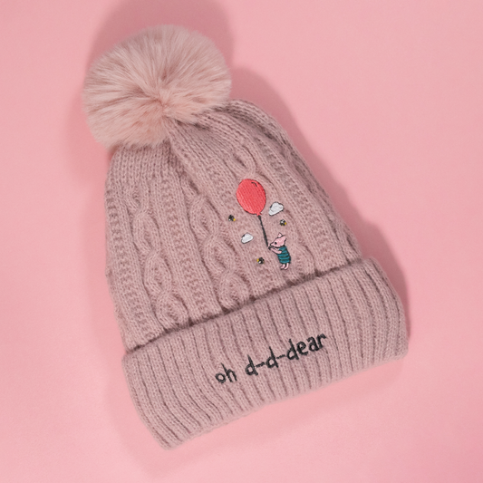 Piglet Balloon Pink Pom Pom Embroidered Beanie