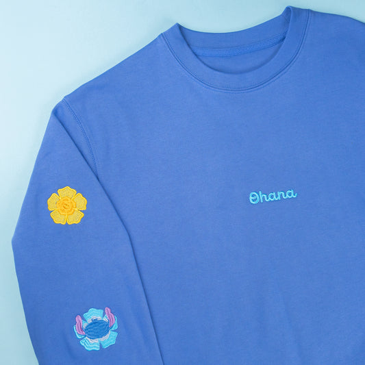 Stitch Flower Embroidered Sleeve Jumper - Bright Blue