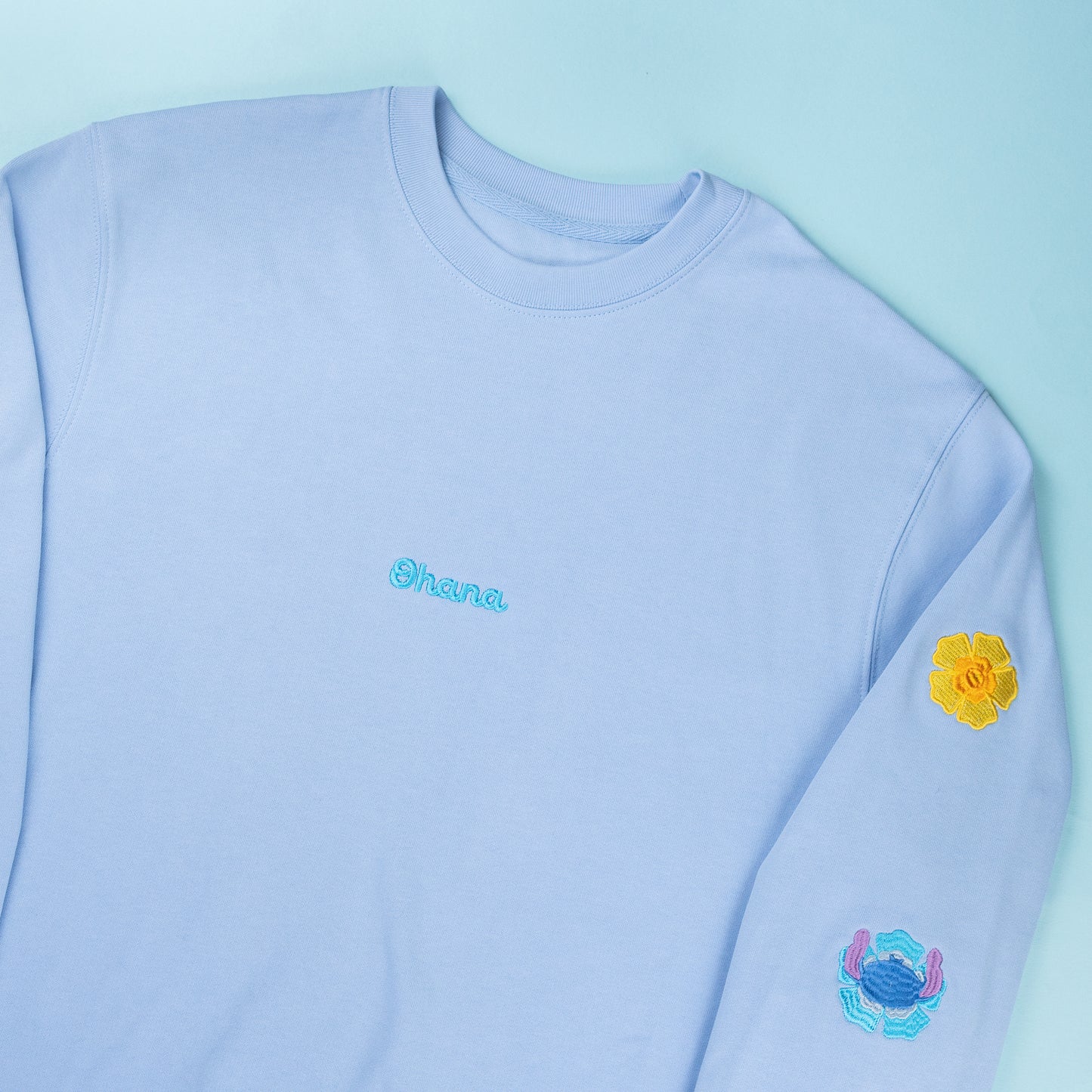 Stitch Flower Embroidered Sleeve Jumper - Light Blue