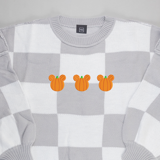 Mickey Pumpkin Embroidered Check Knitted Jumper - Grey