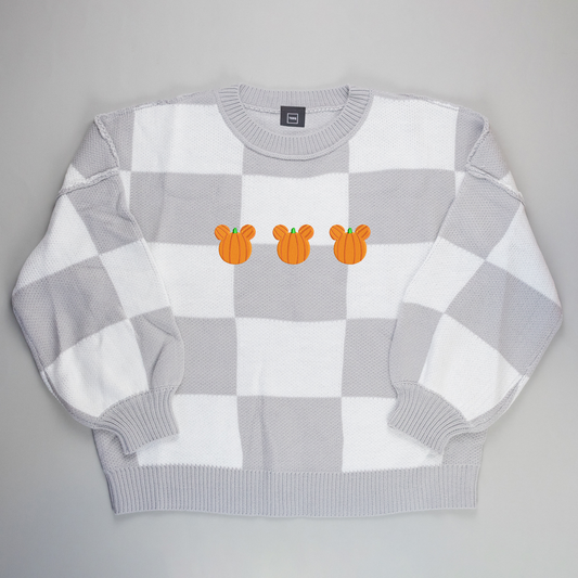 Mickey Pumpkin Embroidered Check Knitted Jumper - Grey