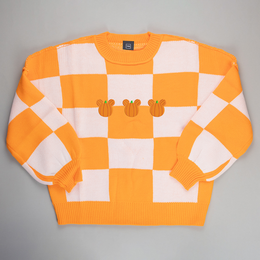 Mickey Pumpkin Embroidered Check Knitted Jumper - Orange