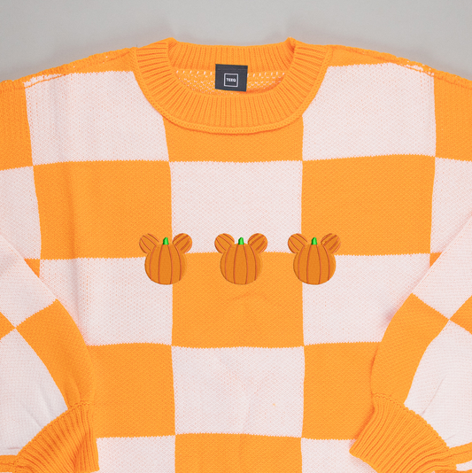 Mickey Pumpkin Embroidered Check Knitted Jumper - Orange