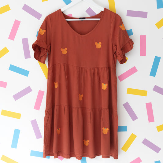 Mickey Pumpkin Pattern Embroidered Dress - Rust