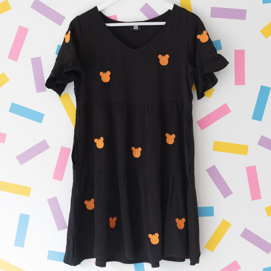 Mickey Pumpkin Pattern Embroidered Dress - Black