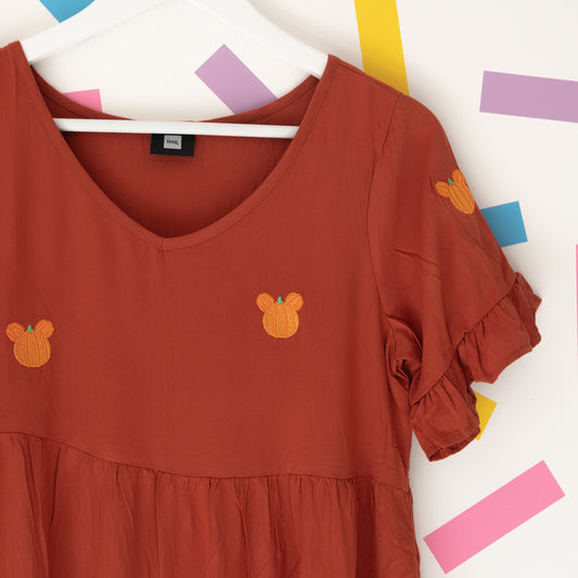 Mickey Pumpkin Pattern Embroidered Dress - Rust