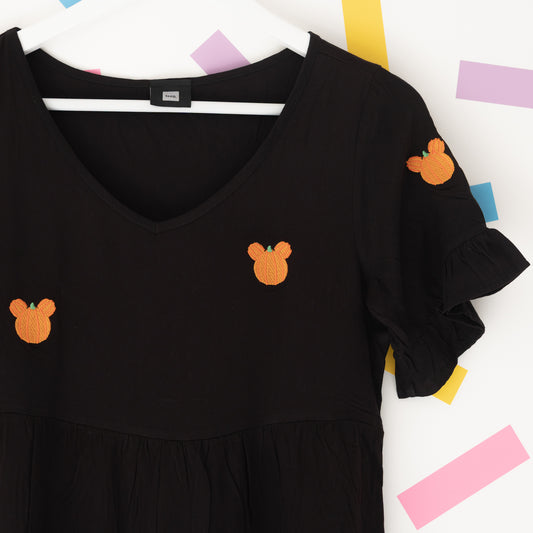 Mickey Pumpkin Pattern Embroidered Dress - Black