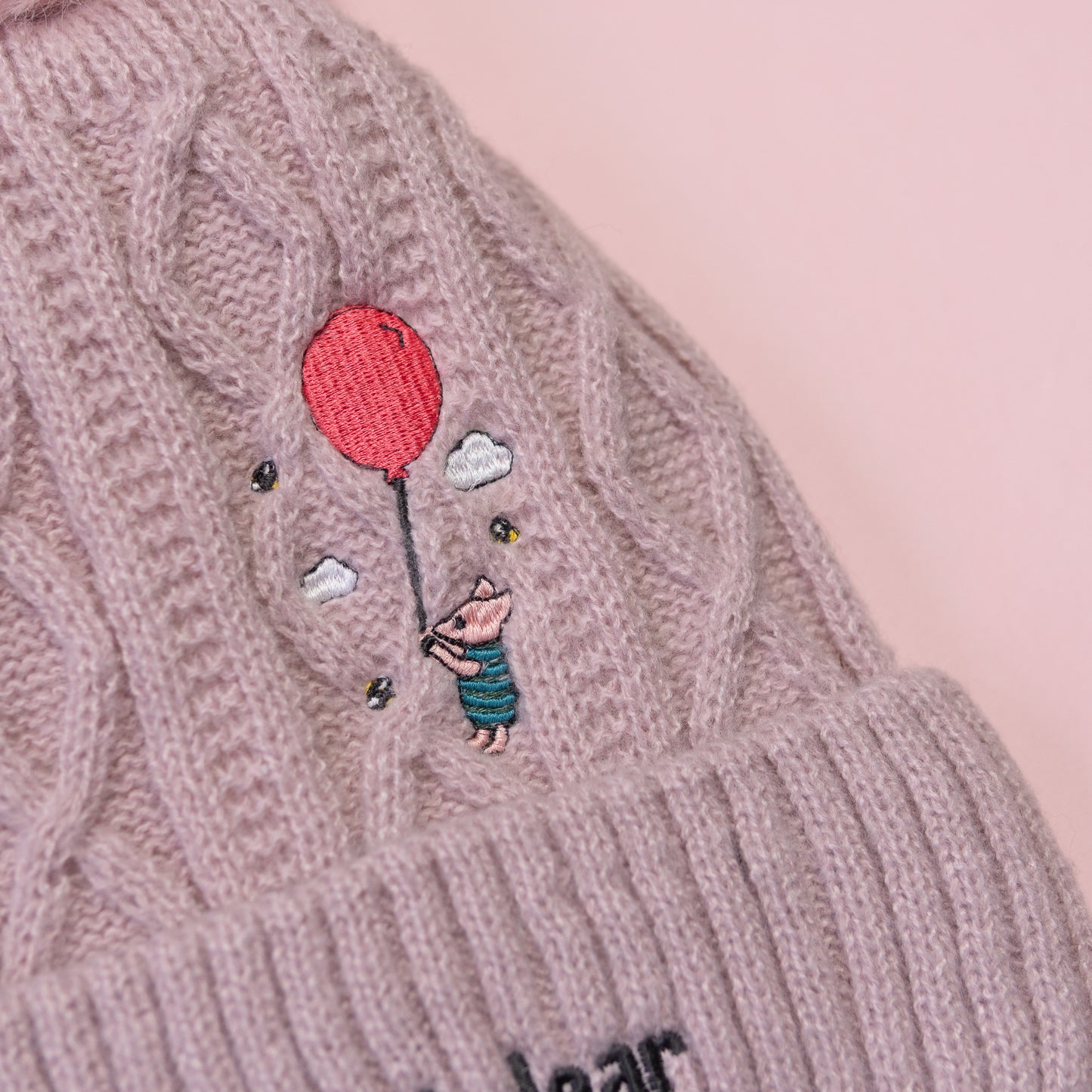 Piglet Balloon Pink Pom Pom Embroidered Beanie
