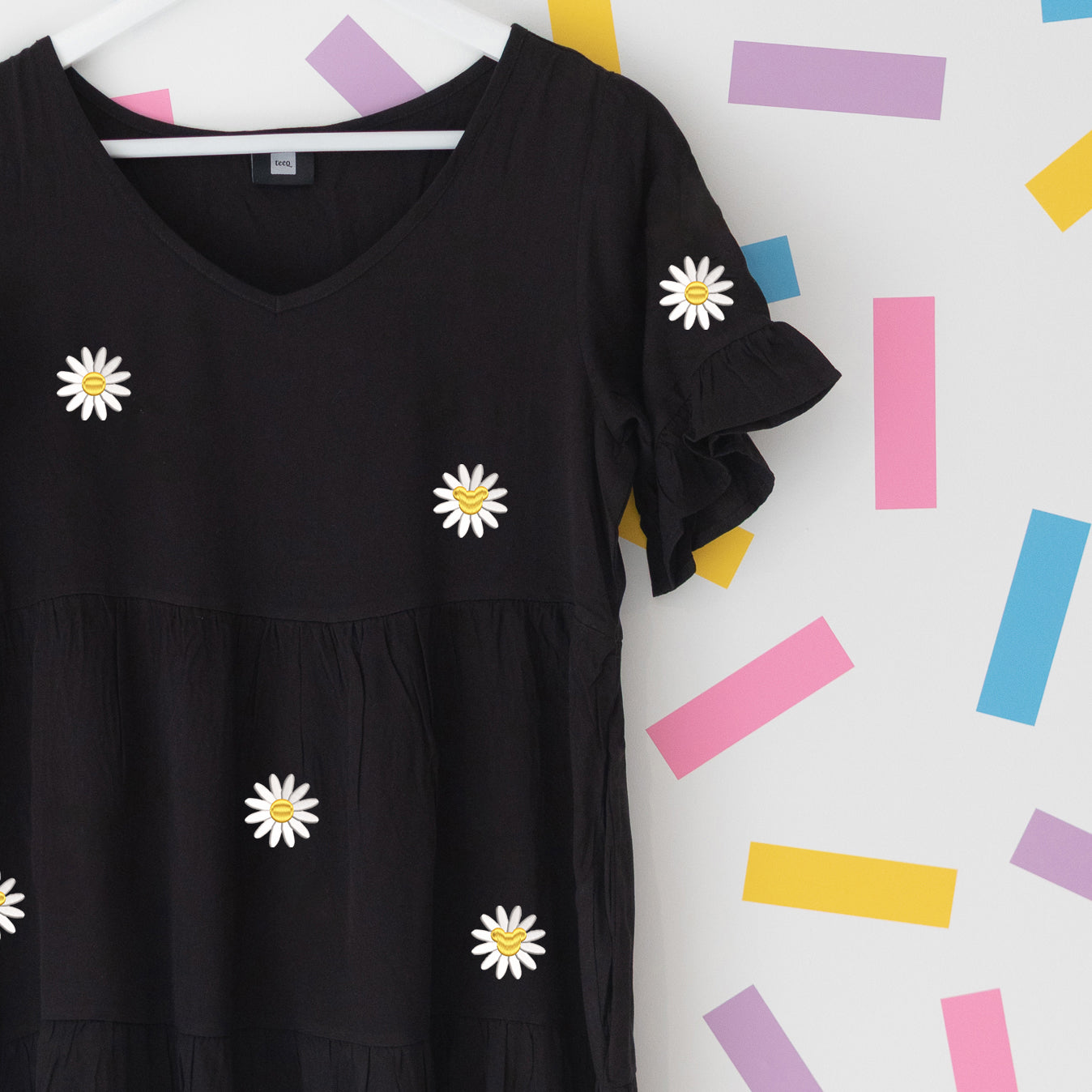 Mickey Daisy Black Pattern Embroidered Dress