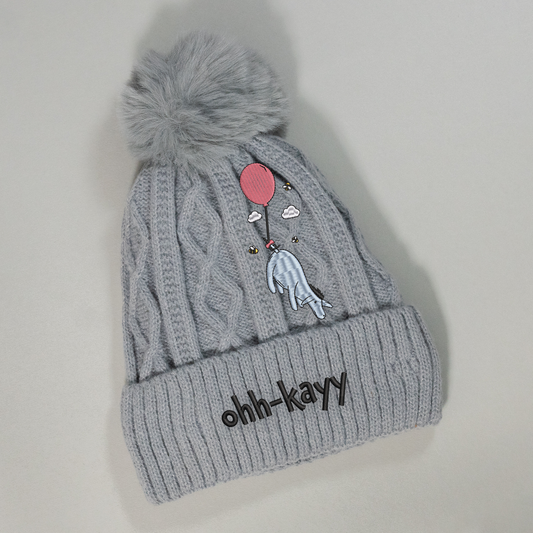 Eeyore Balloon Grey Pom Pom Embroidered Beanie