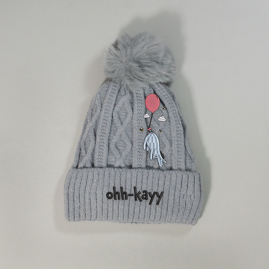 Eeyore Balloon Grey Pom Pom Embroidered Beanie
