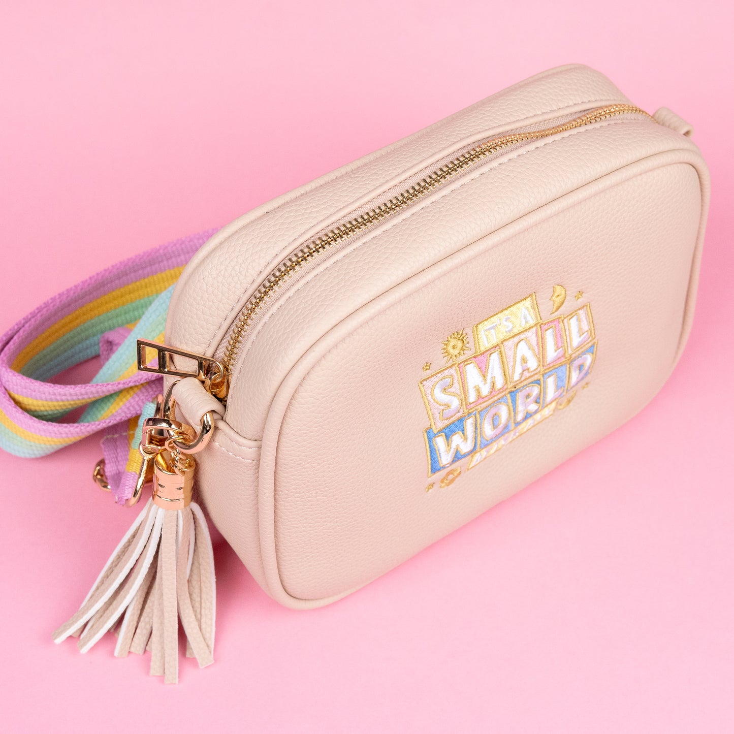 "It's A Small World" Embroidered Pink Cross Body Bag