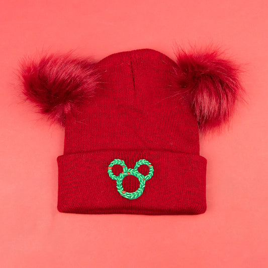 Mickey Wreath Pom Pom Red Beanie