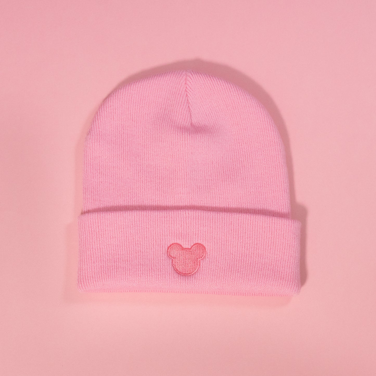 Minimal Mickey Embroidered Pink Beanie