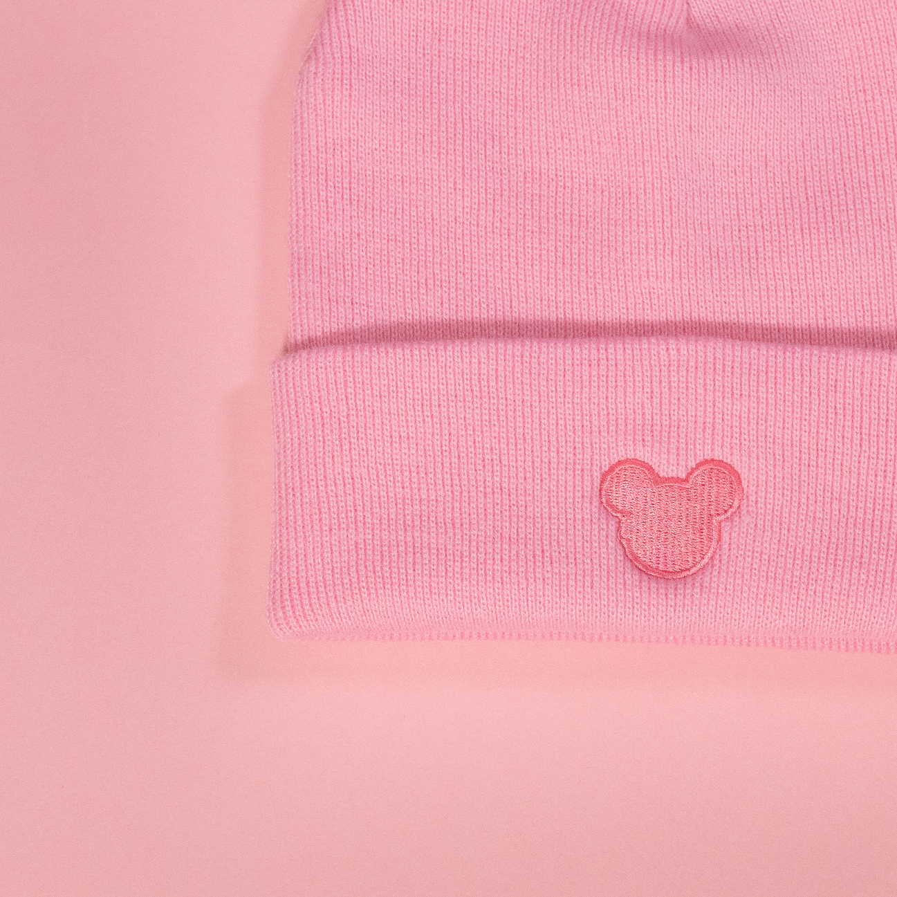 Minimal Mickey Embroidered Pink Beanie