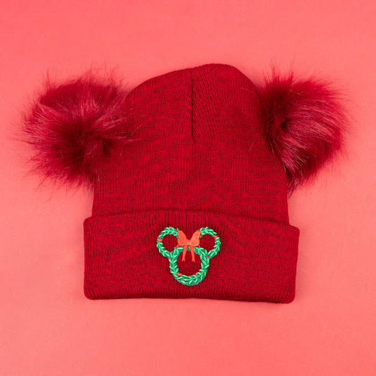Minnie Wreath Pom Pom Red Beanie