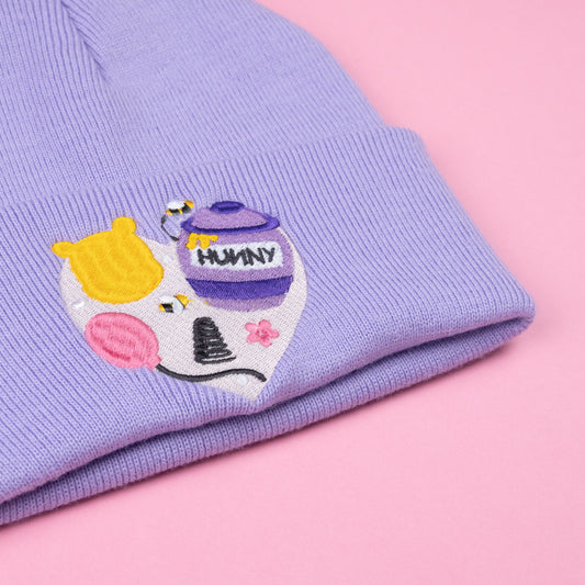 Pooh Bear Heart Embroidered Lavender Beanie