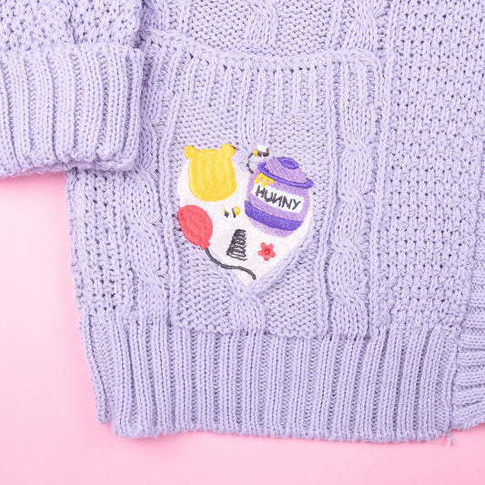 Pooh Bear Heart Embroidered Lilac Cardigan