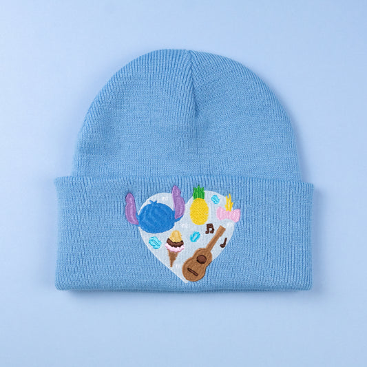 Stitch Heart Embroidered Blue Beanie