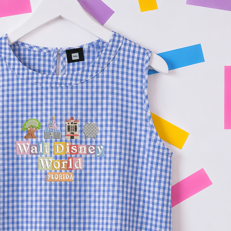 WDW Gingham Embroidered Vest T-Shirt - Blue