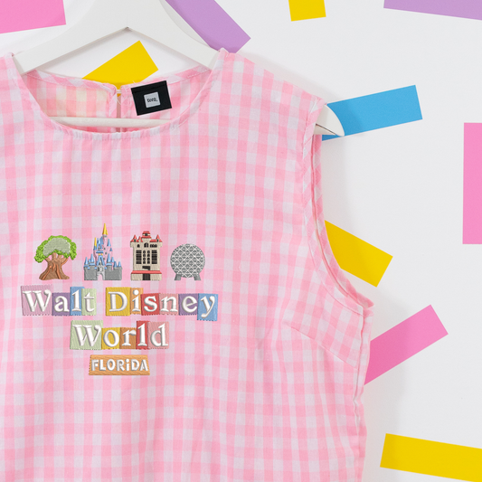 WDW Gingham Embroidered Vest T-Shirt - Pink