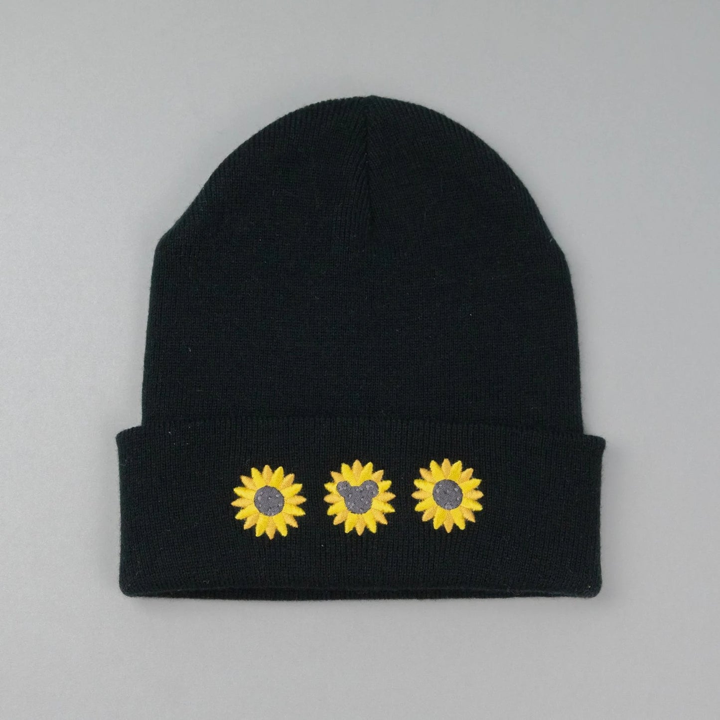 Mickey's Sunflowers Embroidered Black Beanie