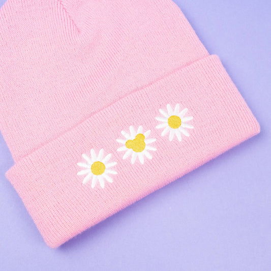 Mickey's Daises Embroidered Pink Beanie