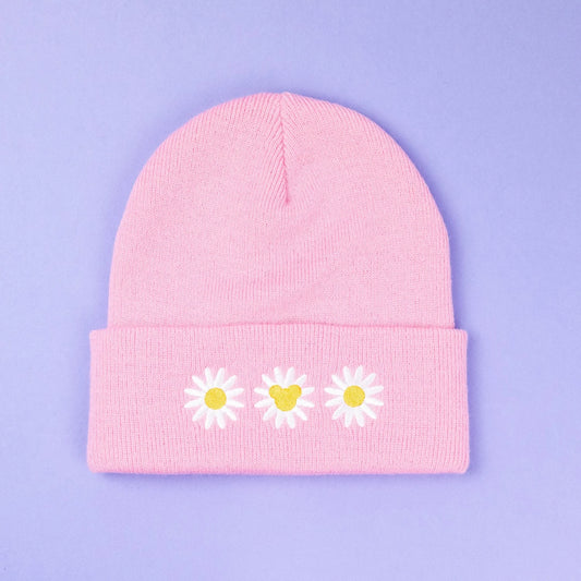Mickey's Daises Embroidered Pink Beanie