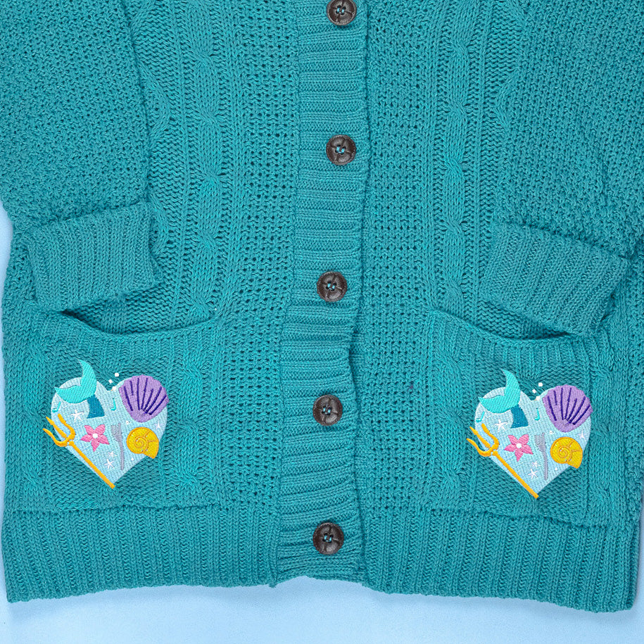 Ariel Heart Embroidered Teal Cardigan