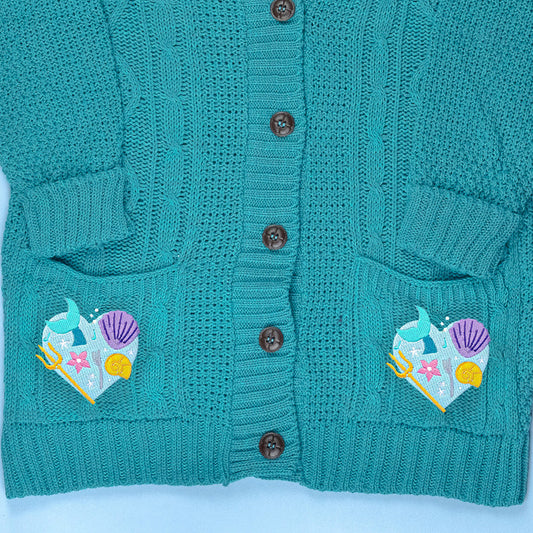 Ariel Heart Embroidered Teal Cardigan