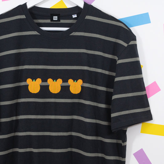 Mickey Pumpkin Embroidered Black Stripe T-Shirt