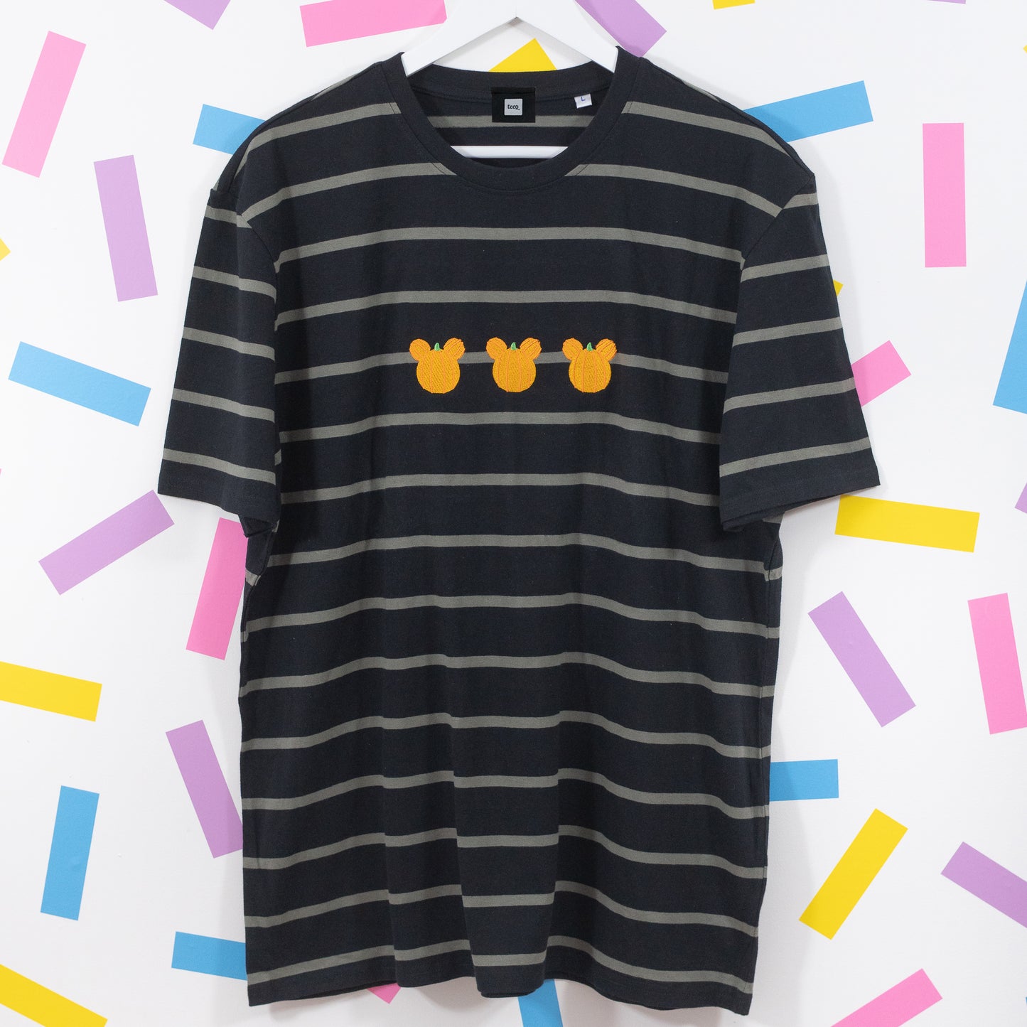 Mickey Pumpkin Embroidered Black Stripe T-Shirt