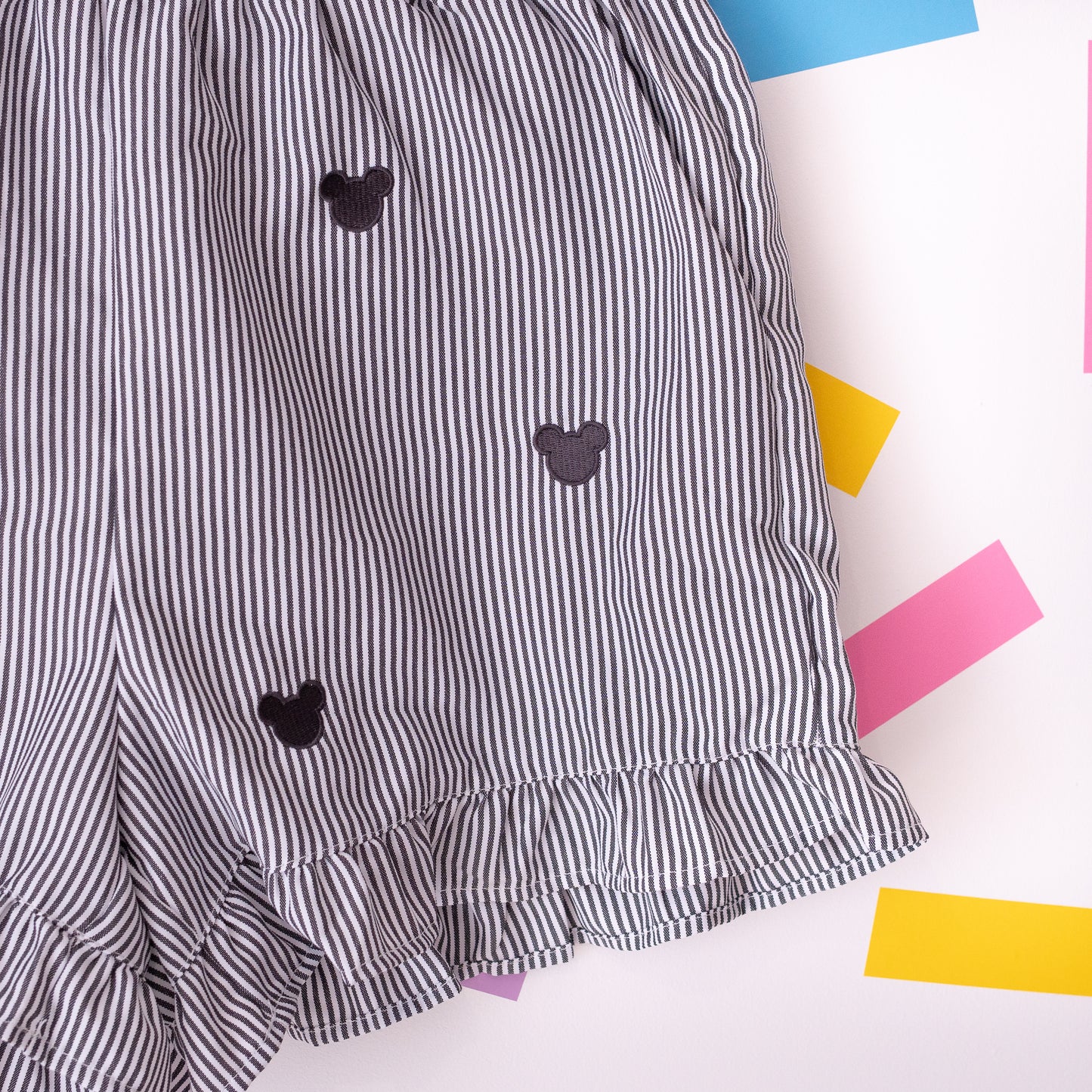 Mickey Minimal Embroidered Stripe Black Shorts