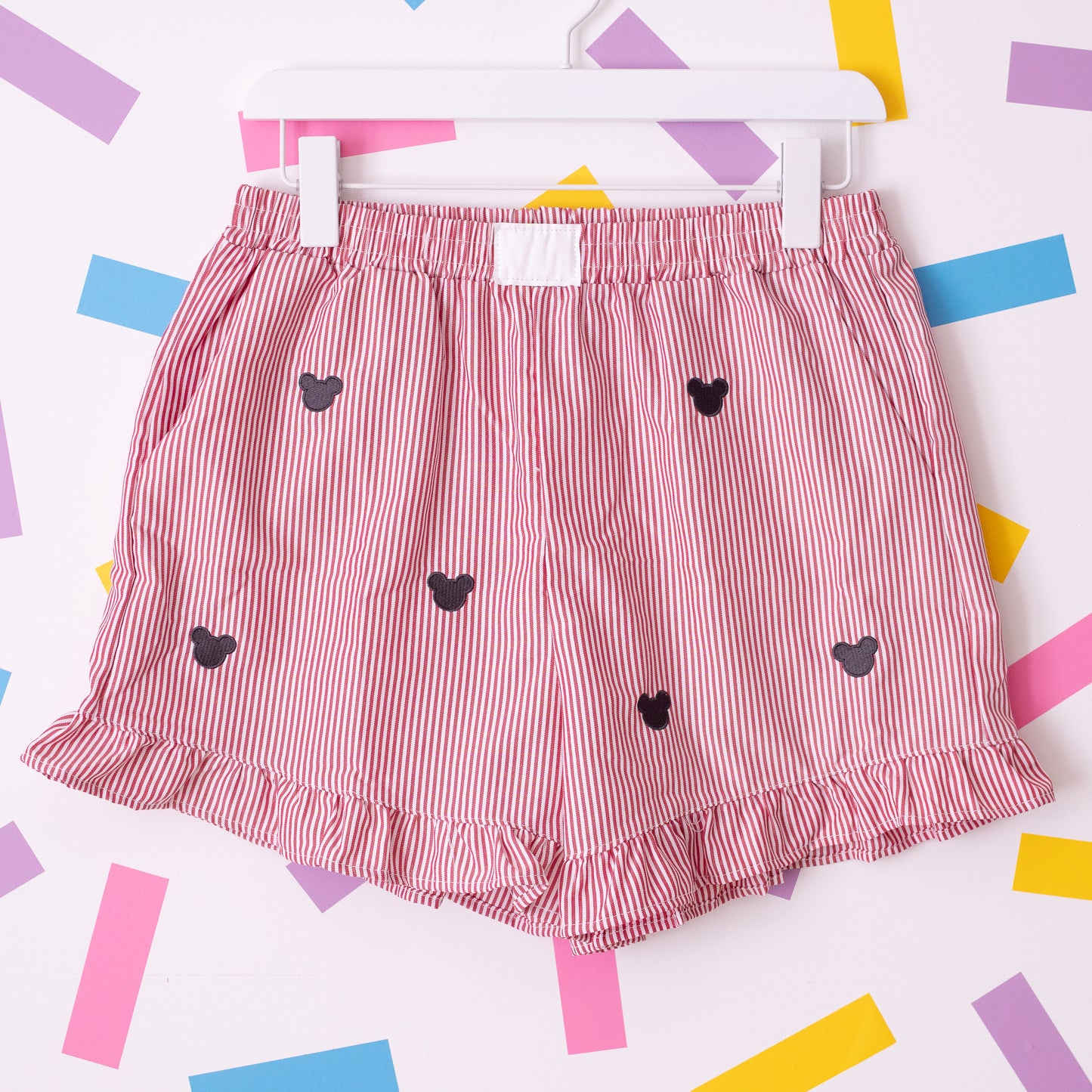 Mickey Minimal Embroidered Stripe Red Shorts