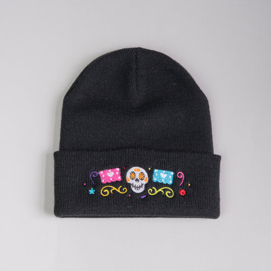 Coco Skull Embroidered Black Beanie