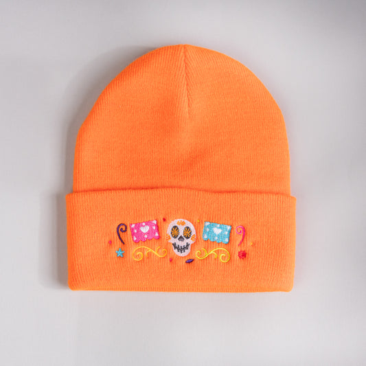 Coco Skull Embroidered Orange Beanie