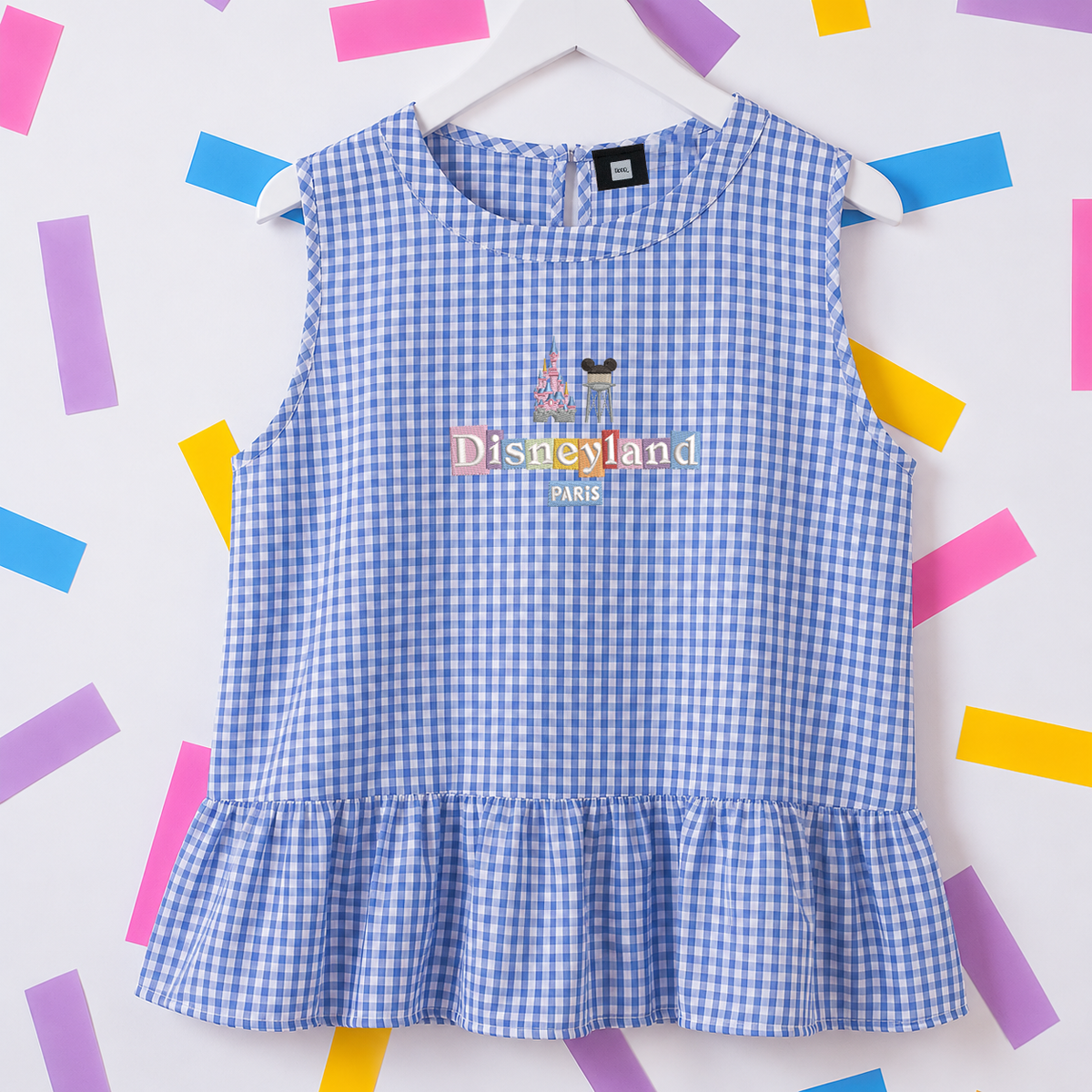 DLP Gingham Embroidered Vest T-Shirt - Blue