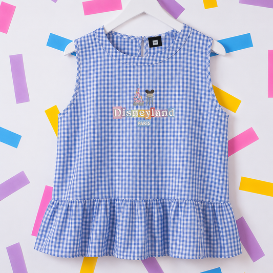 DLP Gingham Embroidered Vest T-Shirt - Blue