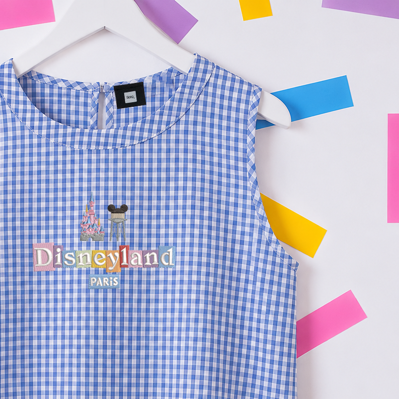DLP Gingham Embroidered Vest T-Shirt - Blue
