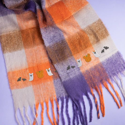 Mickey & Minnie Ghost Halloween Embroidered Plaid Scarf