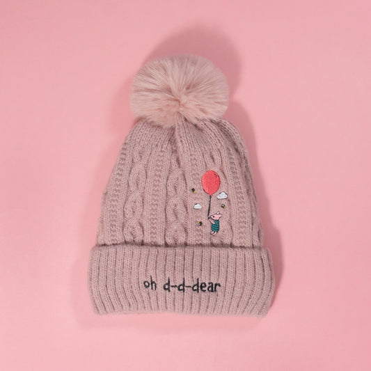 Piglet Balloon Pink Pom Pom Embroidered Beanie