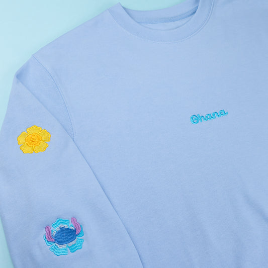 Stitch Flower Embroidered Sleeve Jumper - Light Blue
