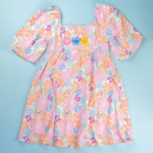 Stitch Flower Embroidered Smock Dress
