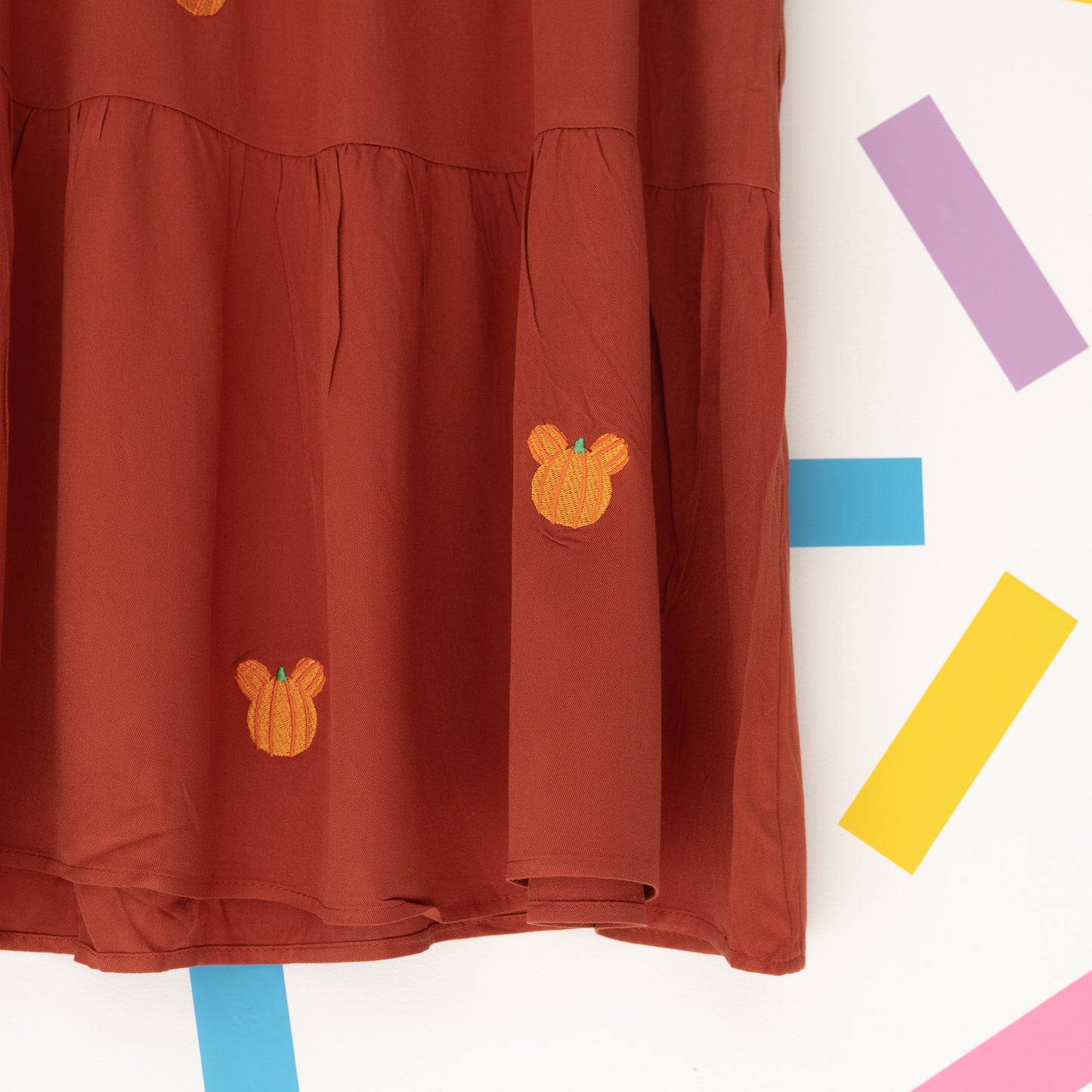 Mickey Pumpkin Pattern Embroidered Dress - Rust