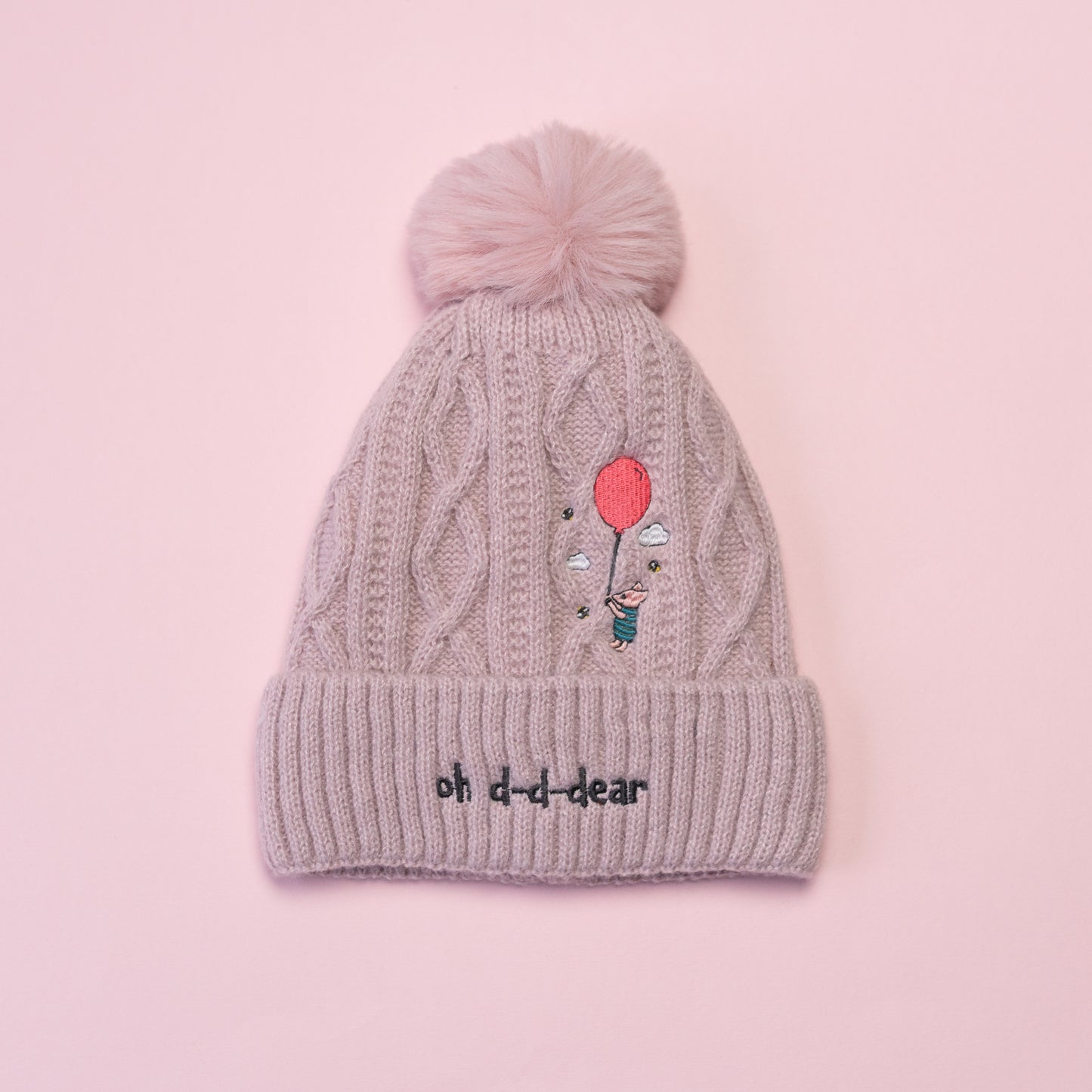 Piglet Balloon Pink Pom Pom Embroidered Beanie