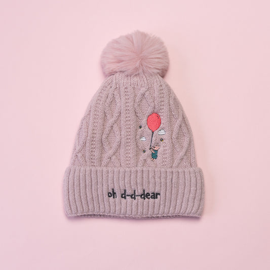 Piglet Balloon Pink Pom Pom Embroidered Beanie