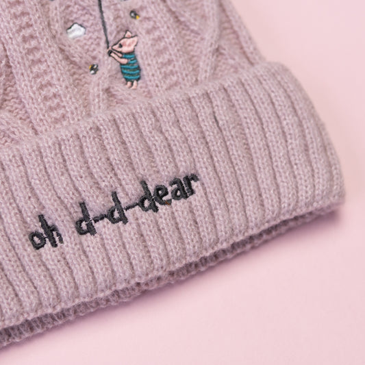 Piglet Balloon Pink Pom Pom Embroidered Beanie