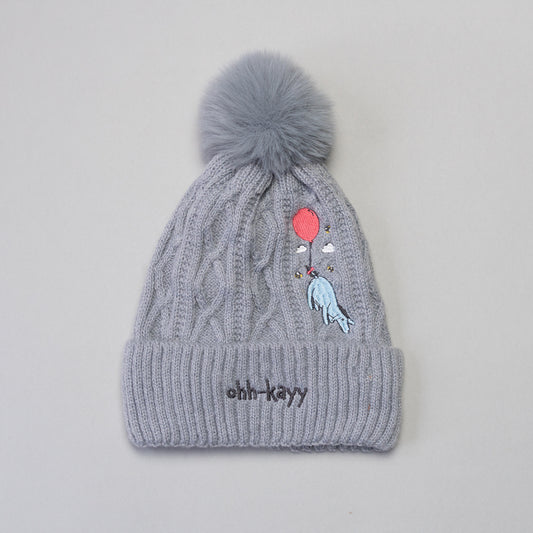 Eeyore Balloon Grey Pom Pom Embroidered Beanie